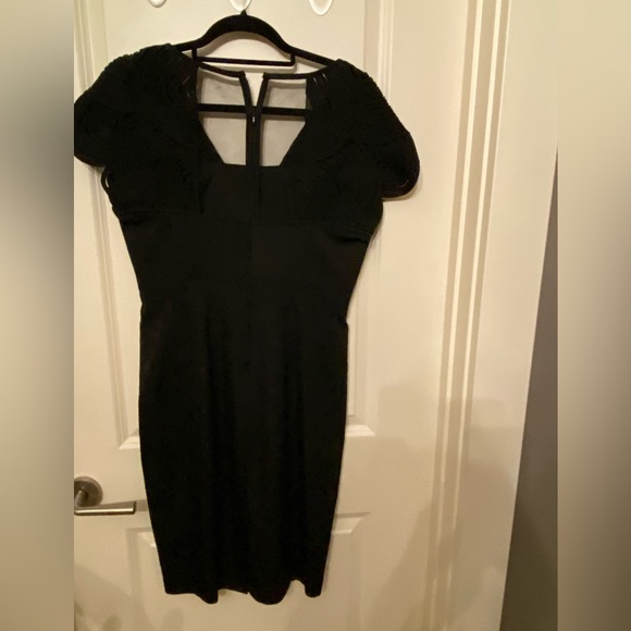 Black satin Art Deco sleeve midi dress. Perfect for a cocktail party! - Picture 2 of 4